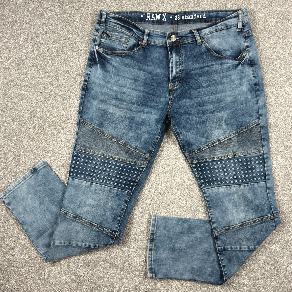 RAW X Jeans Mens 38x32 Moto Biker Distressed Stretch Denim Standard Blue